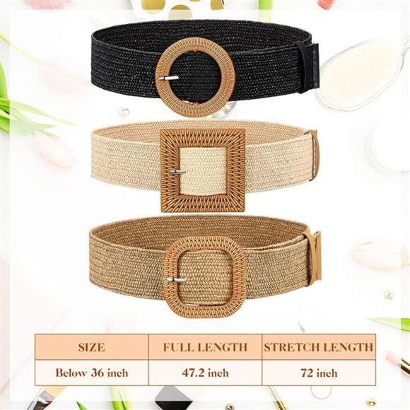 3 Pieces Straw Woven Elastic Waist Belt for Women Bohemian Dress Braided Belt main image 6